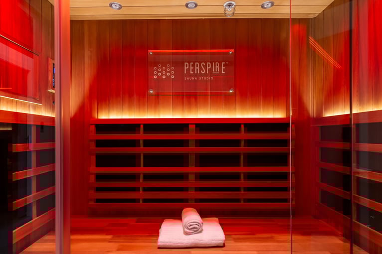 Infrared sauna and chromotherapy studio interior at Perspire Sauna Studio, Williamsburg