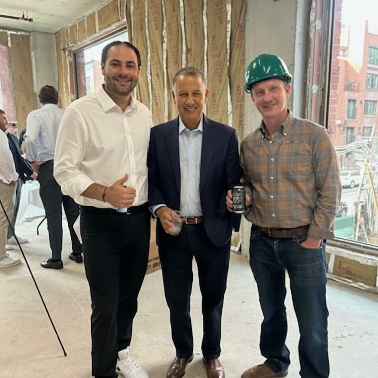 Nate Mallon and Brendan Thrapp of Verada with a veteran Brooklyn industrial sales and leasing broker and former REBNY Brooklyn Commercial Committee Chair inside 395 Carroll Street during the committee’s Gowanus event.