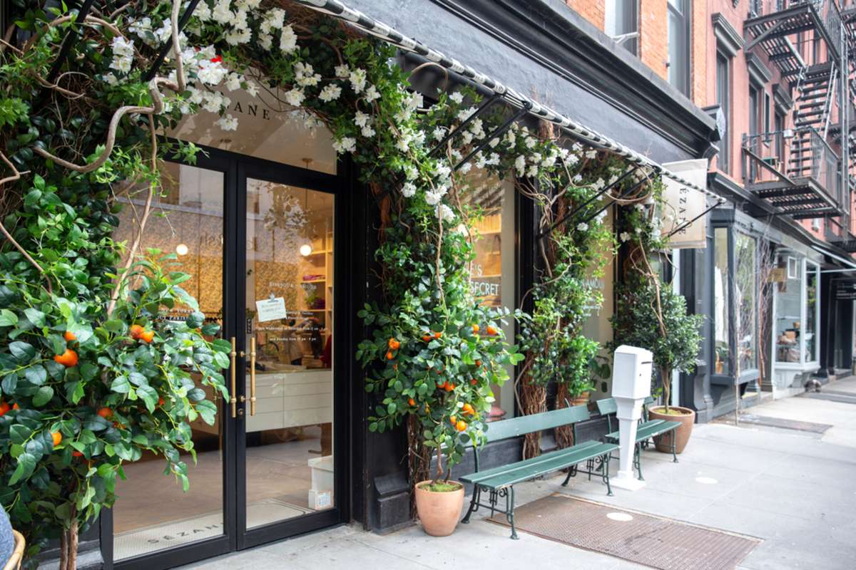 Plants, flowers, and oranges growing over an entrance of store