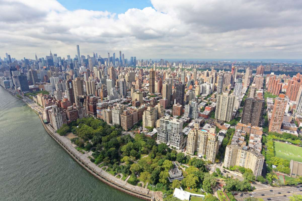 Wide-angle aerial view over Yorkville and Upper East Side