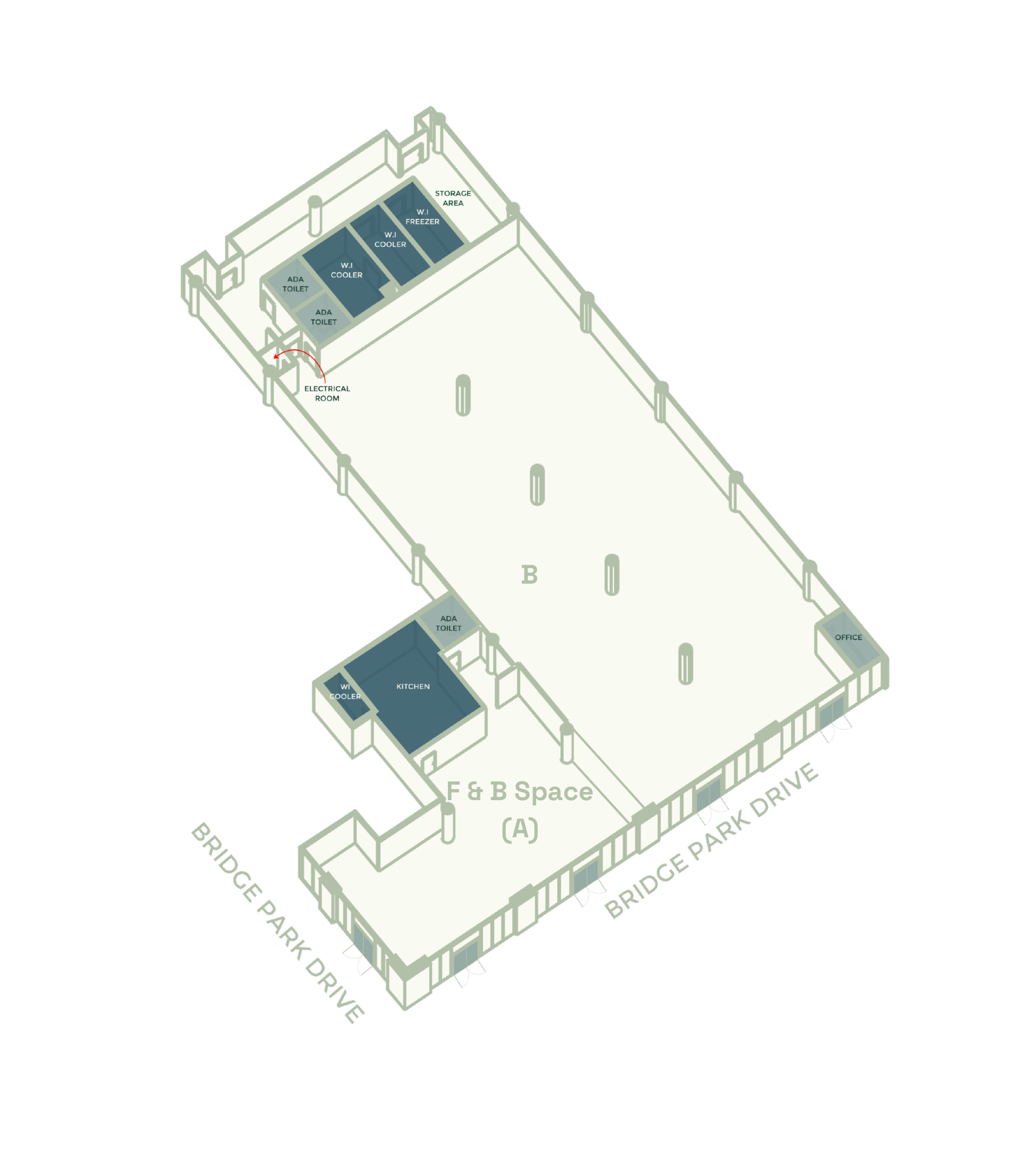 Divisble: F & B Space (A): 1,904 SF </br> 
Space B: 6,606 SF
